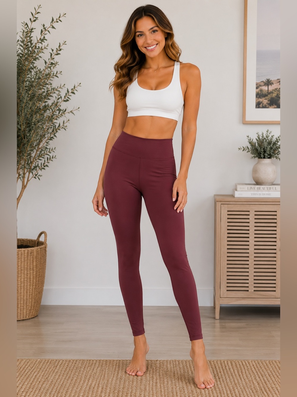 High-Waist Women's Leggings in Burgundy - Unbranded